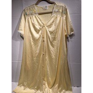 Vintage Jolie Two Womens yellow Lounge Robe Size L Floral‎ Embroidered Button-Up